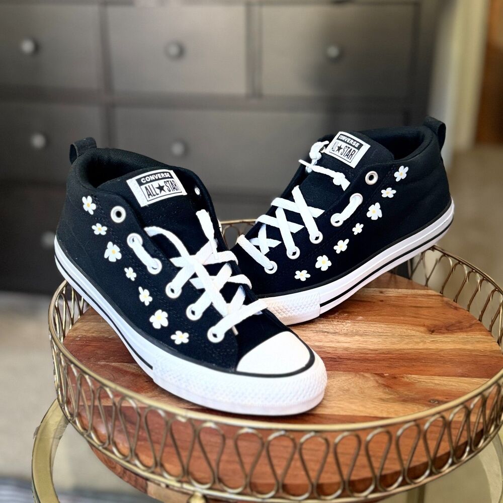 Black Embroidered Flower Converse High Top Chuck Size 6 Kids  8 Women Shoes NEW